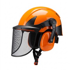 Orange forestry safety helmet with mesh visor and earmuffs, isolated on white