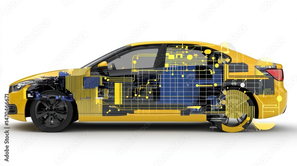 Poster yellow car depicting internal computer circuits and mechanical layout