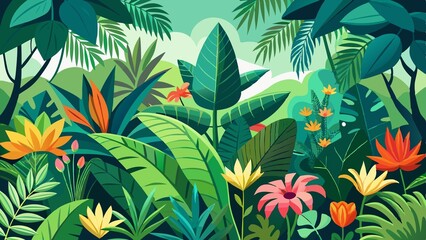 Colorful Vibrant Jungle Background With Lush Foliage And Tropical Flowers