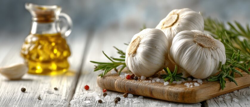 Minimalist garlic and olive oil arrangement with herb accents