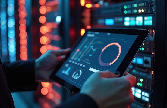 Hands hold tablet displaying system health report. Server racks in background. IT infrastructure assessment. Server evaluation, monitoring performance, optimizing resource usage. Data center tech. - Powered by Adobe