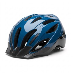 Fototapeta premium Dark blue glossy bicycle helmet with black accents and ventilation holes, isolated on white