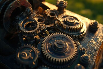Close-up of intricate, golden-toned gears interlocked in a steampunk-style mechanism.