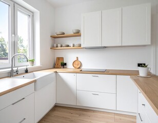  minimalist Scandinavian-style kitchen with matte white cabinets, light wood counter  minimalist Scandinavian-style kitchen with matte white cabinets, light wood counter 