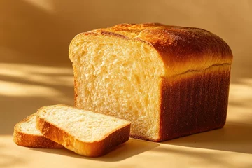 Gordijnen A loaf of freshly baked bread, golden crust, soft crumb, sliced, sunlit. © Keith