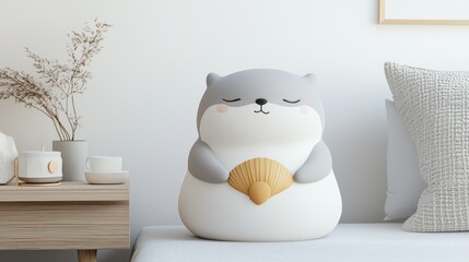 A serene cartoon hamster with closed eyes holding a fan