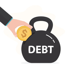 Businessman hand putting dollar coin into debt kettlebell. Pay off debt, financial obligations, debtor responsibility to pay, money decision, liability relief,