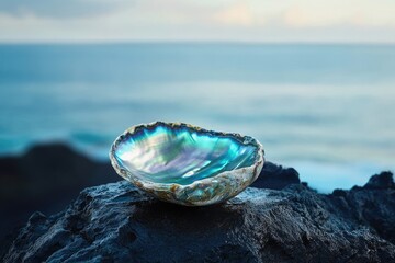 A vibrant abalone shell rests on a dark volcanic rock against a serene ocean backdrop.