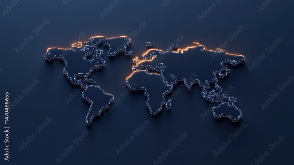 Poster illuminated three dimensional world map on a dark blue background