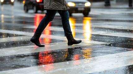Fototapeta premium Person walking city street rain night crosswalk wet pavement