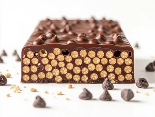 Chocolate Rice Cereal Bar with Chocolate Chips on White Background

