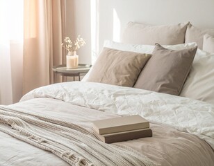 ˇA serene bedroom featuring layered bedding in cream and beige tones, soft drapery