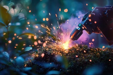 Sparks fly as a welding tool works on a mossy surface in a dark, natural setting.