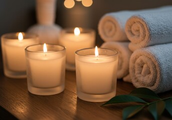 Aromatherapy candles reflecting serenity and relaxation, with rolled towels and soft glow