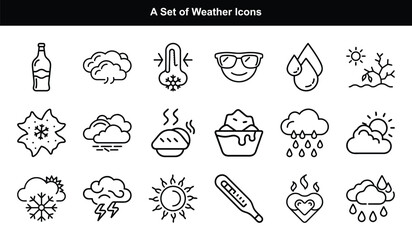 Outline Style Weather Icons Set Featuring Cloud, Rain, Sun, Snow and Thermometer