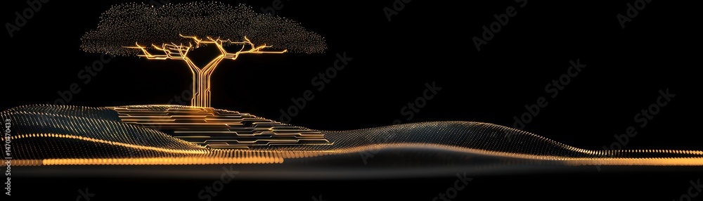 Poster a digital golden tree grows on a textured abstract landscape