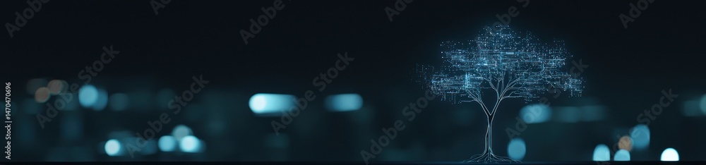 Poster a digital tree illuminated against a blurred dark background