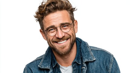Obraz premium Charming businessman with glasses, flashing a bright smile, casually dressed, exuding positivity, isolated on background