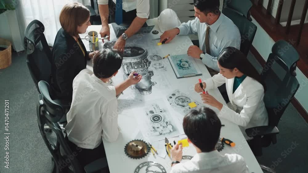 Poster group of diverse team planning strategy while sitting at table with project plan. top aerial view of