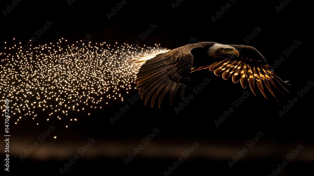 Poster a bald eagle flying with sparkling glowing particles behind