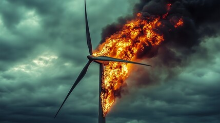 Dramatic Scene of a Wind Turbine on Fire Against a Cloudy Sky Background