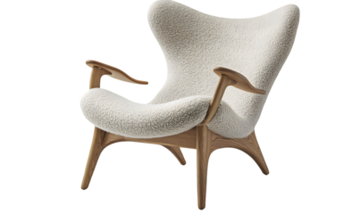 A plush, off-white armchair with sculpted wooden arms and legs, offering comfort and style