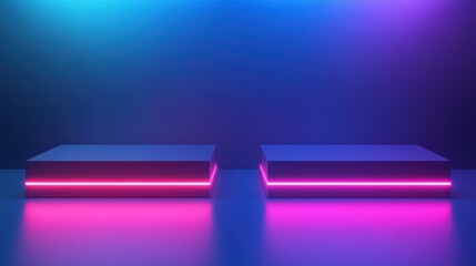 Futuristic display podiums illuminated with neon lights in a vibrant abstract background