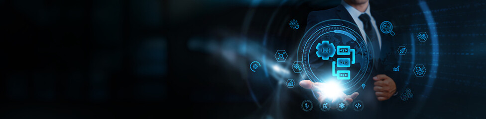 Algorithm Development: Businessman holding the blueprint of intelligent systems, business and...