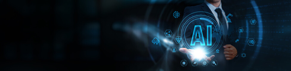 Artificial Intelligence (AI): Businessman holding the power of artificial intelligence, business...