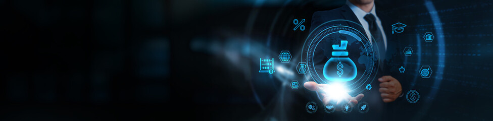 Budget: Businessman holding the projection of financial planning, business and operational expense network. Cost management, resource allocation, expense tracking, and investment forecasting.