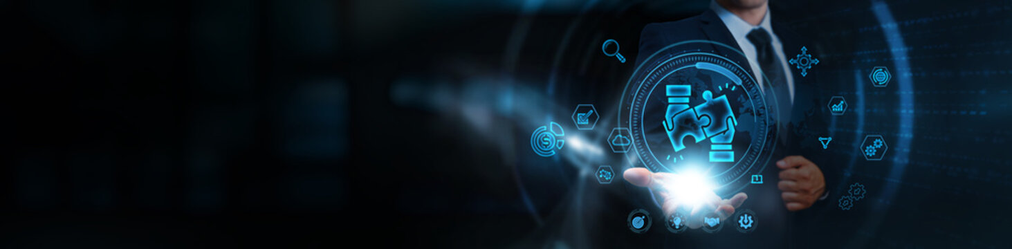 Business Integration: Businessman holding the interface of digital systems, business and interconnected network. Process automation, data synchronization, enterprise solutions, seamless communication.