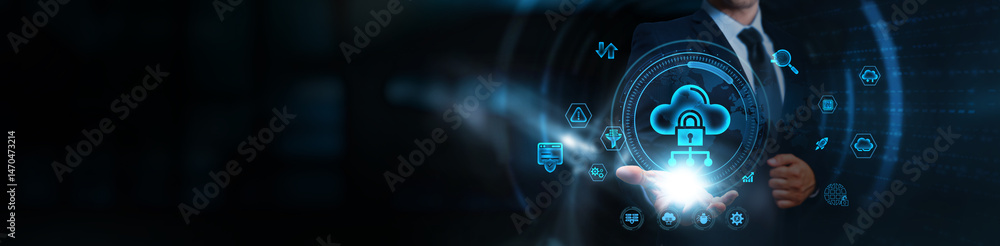 Poster cloud security: businessman holding the shield of data protection, business and cybersecurity networ