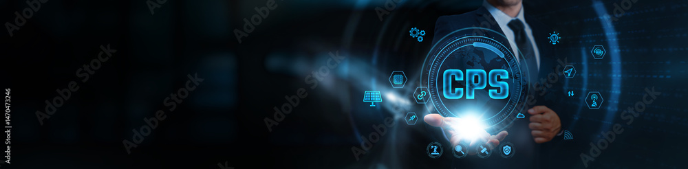 Poster cps (cyber-physical systems), businessman holding the integration of intelligent automation, busines