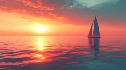 Fototapeta premium Serene sunset over calm waters with a sailboat silhouetted against vibrant skies