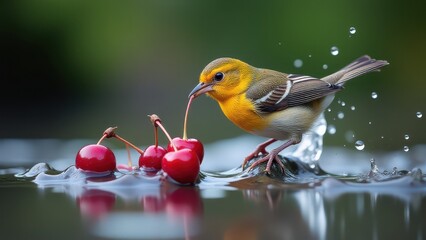 A small bird perches on a mossy rock surrounded by cherries in a tranquil water setting, with a vibrant green background