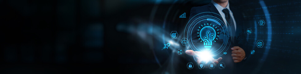 Innovation Technology, businessman holding futuristic innovation interface icons, business and digital transformation network, advanced research solutions, emerging technology trends