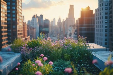 Fototapeta premium Urban rooftop garden at sunset, blooming flowers against city skyline.