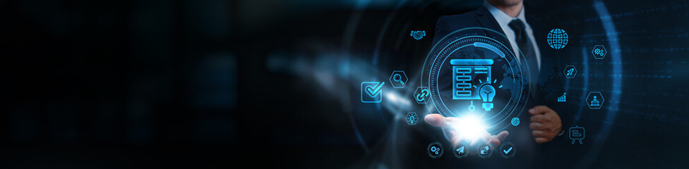 Introduction, businessman holding icons, business and global communication network, digital transformation strategies, market expansion initiatives, cutting-edge technology integration.