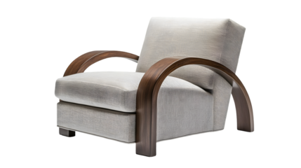 Elegant armchair with curved wooden arms and light beige fabric upholstery.  Comfortable and stylish design