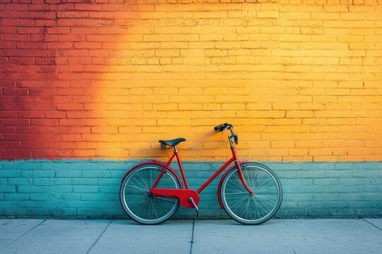 A vibrant red bicycle leans against a colorful brick wall, showcasing a blend of urban and vintage aesthetics.