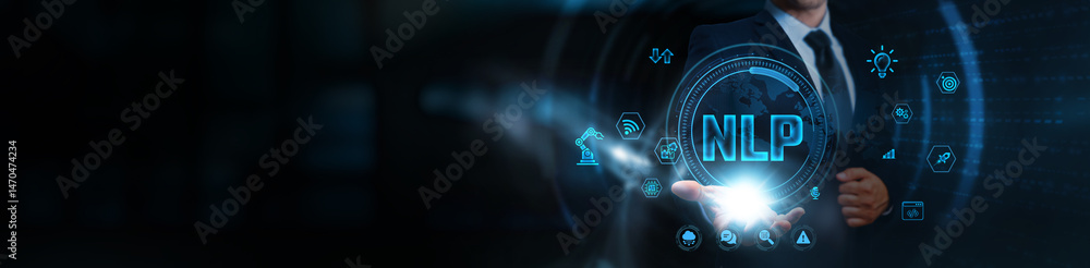 Poster nlp, businessman holding icons, business and semantic analysis network, machine learning-based text 
