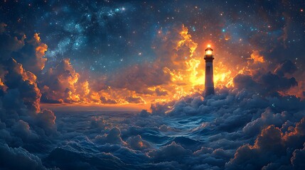 A lighthouse stands tall amidst a turbulent ocean and dramatic clouds under a starlit cosmic sky, illuminated by its powerful beacon