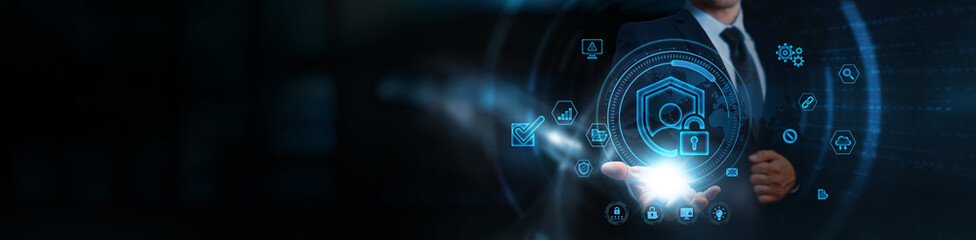 Privacy, businessman holding data protection and privacy compliance icons, business and secure communication network, user identity management, encrypted data exchange solutions