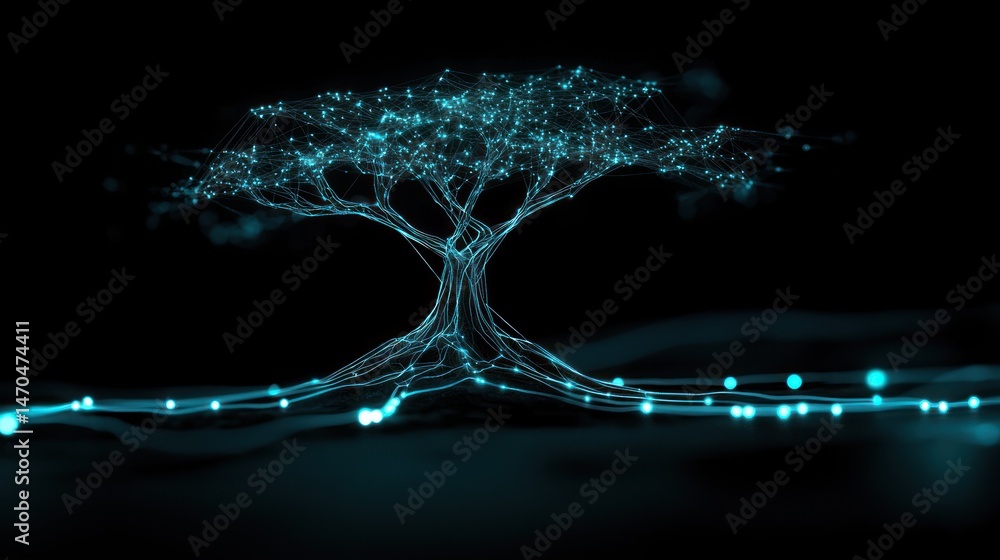 Poster a glowing digital tree with interconnected branches against black backdrop