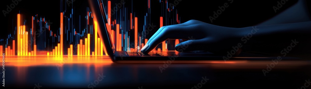 Poster Hand operating a laptop displaying market data visualizations on screen