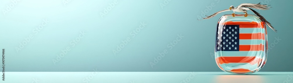 Poster an eagle perches atop a glass container with a flag inside