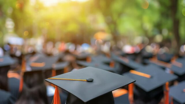 A multitude of graduation caps are shown, signifying a graduation ceremony. Caps have orange tassels, and a bright, sunny background suggests a joyful and promising atmosphere.