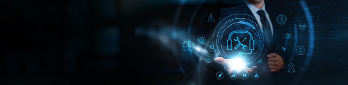Technical Support, businessman holding icons, business and IT assistance network, remote diagnostics solutions, real-time support systems, helpdesk management platforms.