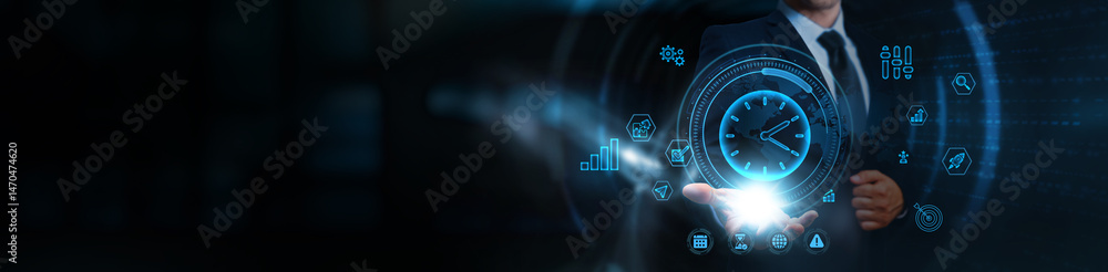 Poster time management, businessman holding icons, business and task coordination network, schedule optimiz