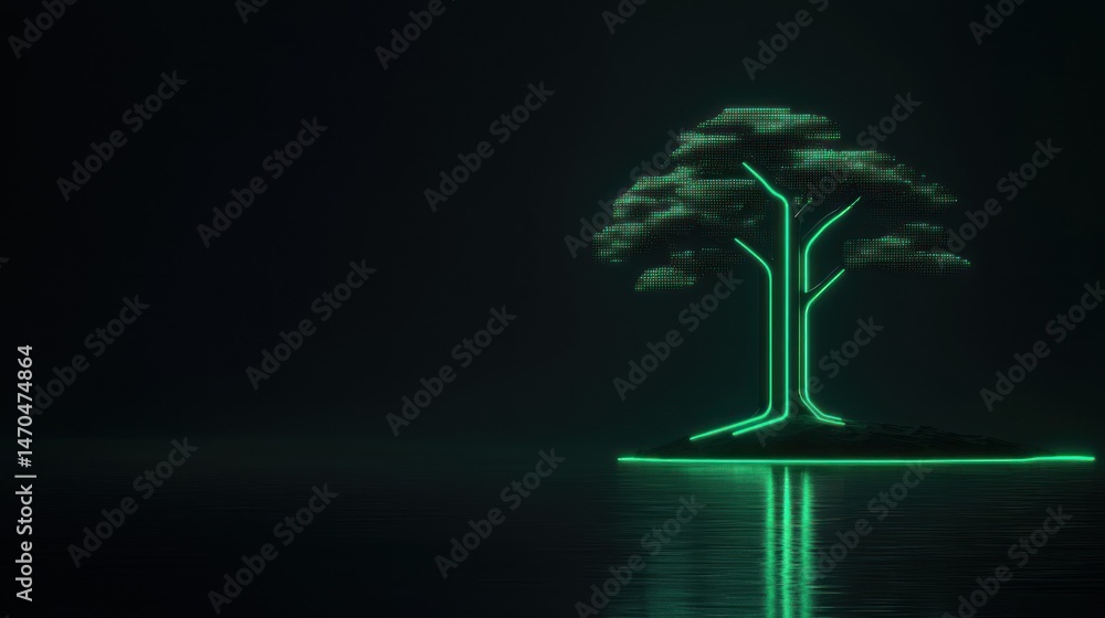 Poster A digitally illuminated tree reflecting in a dark water surface